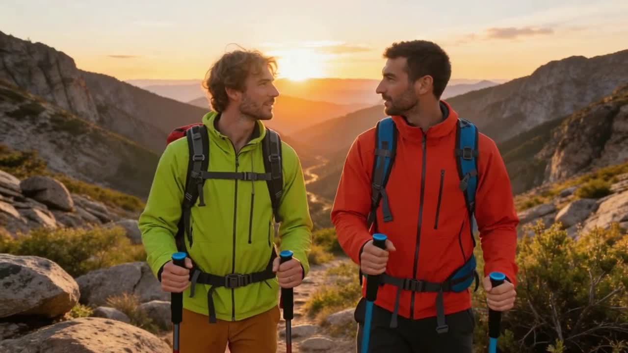 Due escursionisti uomini che parlano su un sentiero di montagna al tramonto