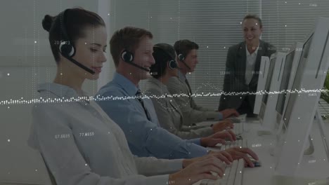 Animation-of-financial-data-processing-over-diverse-business-people-with-headsets