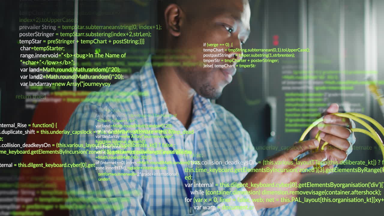 Animation of data processing over african american male it engineer and computer servers