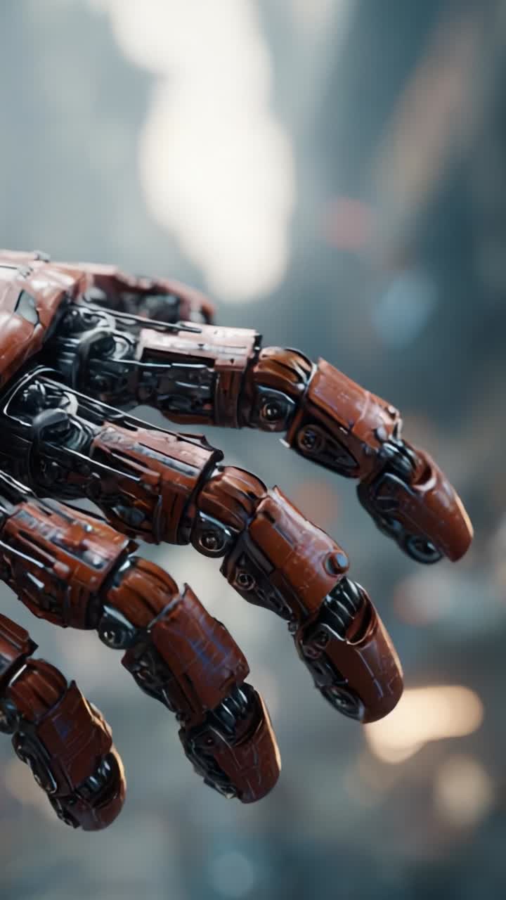 A Close-up View of a Futuristic Robotic Hand Showcasing Intricate Mechanical Details and Advanced Technology in a Cyberpunk Environment