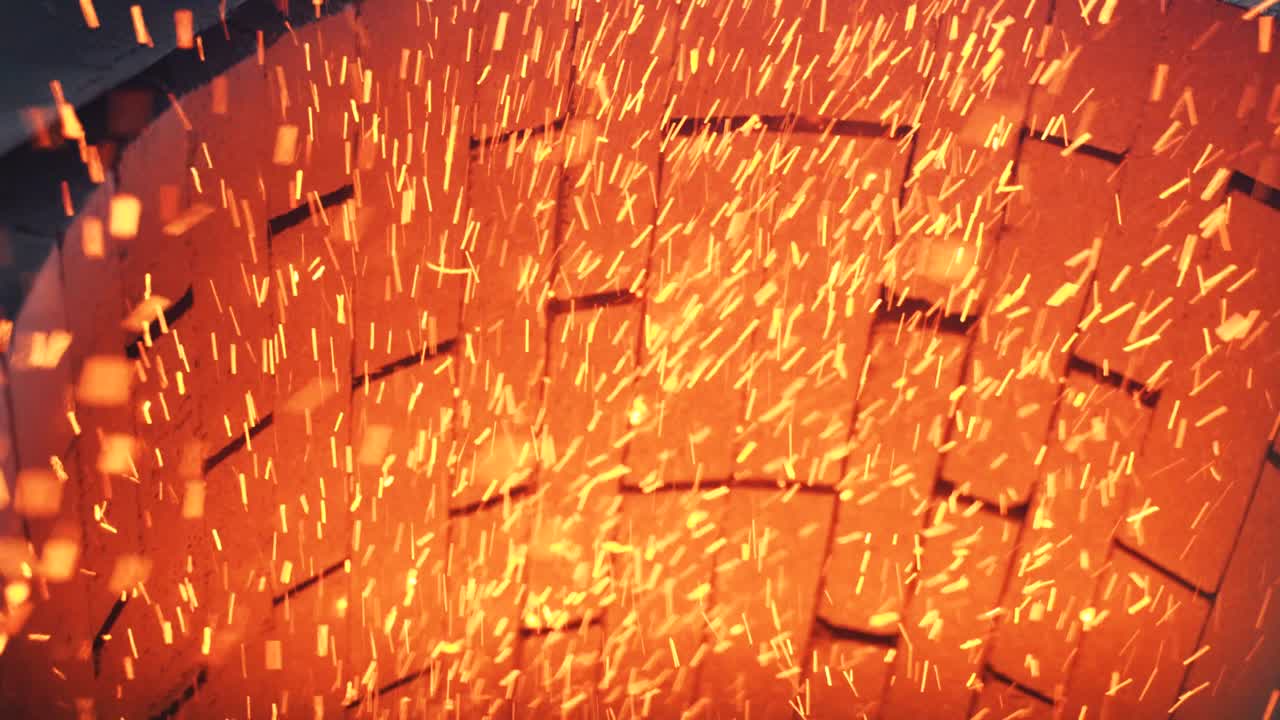 Stone chimney with sparks from the flame. Rapid movement of burning particles. Red flickering fire