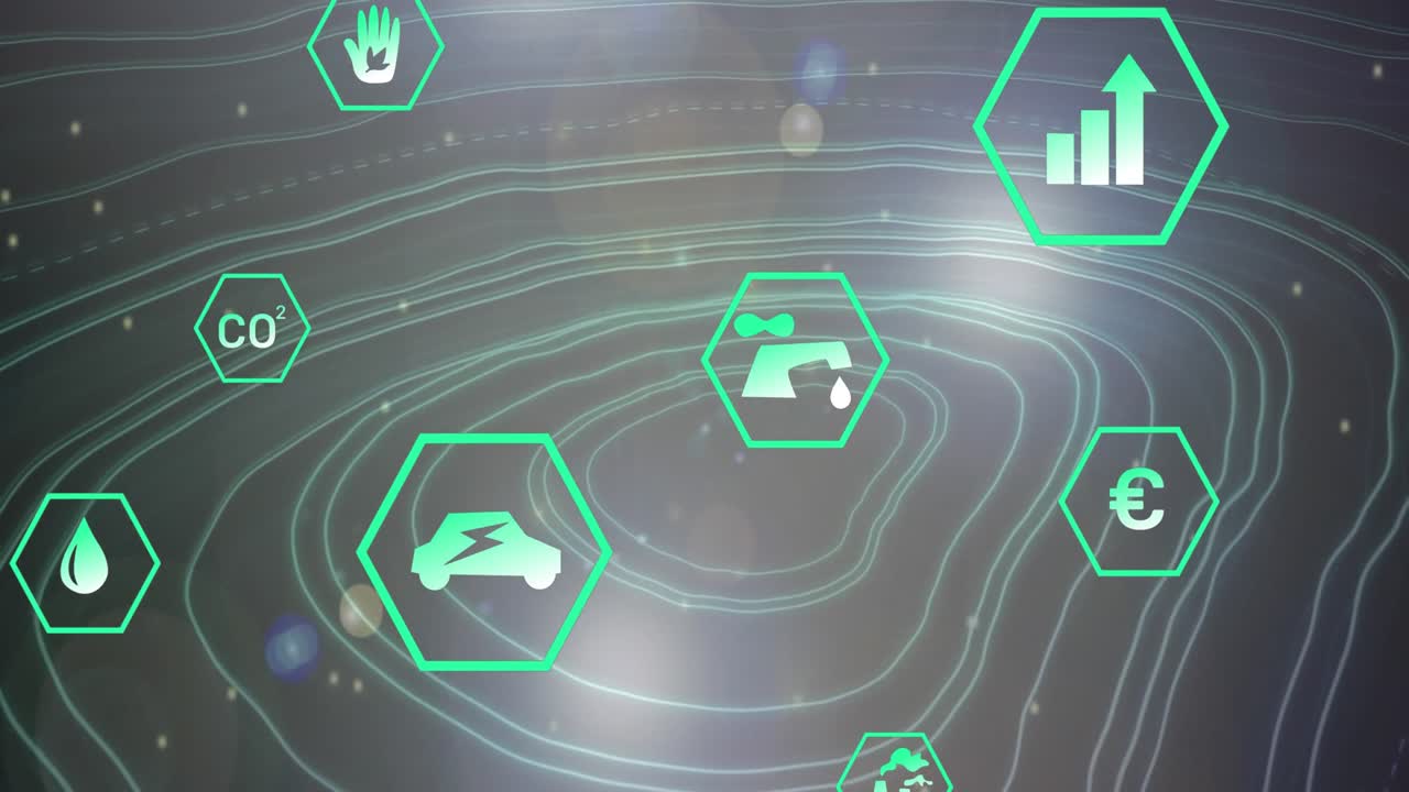 웨이브 패턴 위의 렌즈 플레어와 함께 재생 가능한 에너지 아이콘의 애니메이션