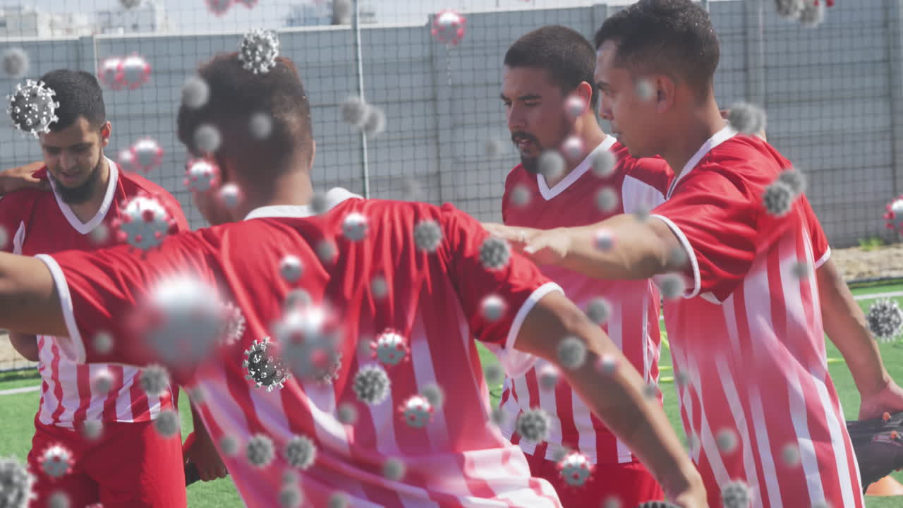 animación de células de virus sobre diversos jugadores de fútbol masculino