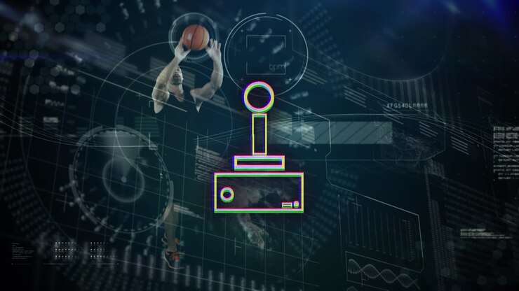 Animation af hvid mandlig basketballspiller og gamepad-ikon over databehandling