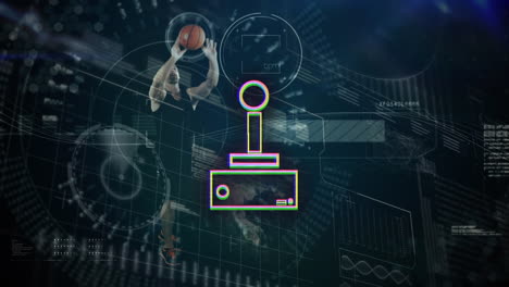 animación del jugador de baloncesto masculino caucásico y el icono del gamepad sobre el procesamiento de datos
