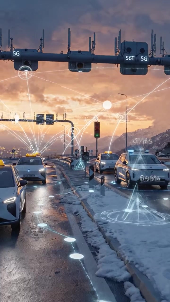 Scena di taxi serale invernale sotto un cielo colorato: veicoli che navigano su una strada innevata con semafori e passeggeri in attesa alle fermate dei taxi.