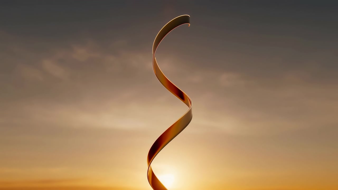 Slender metallic ribbon changes its visible faces as it rotates above low sun, with orange horizon glow, soft layered clouds, dark upper sky, and centered minimalist composition.