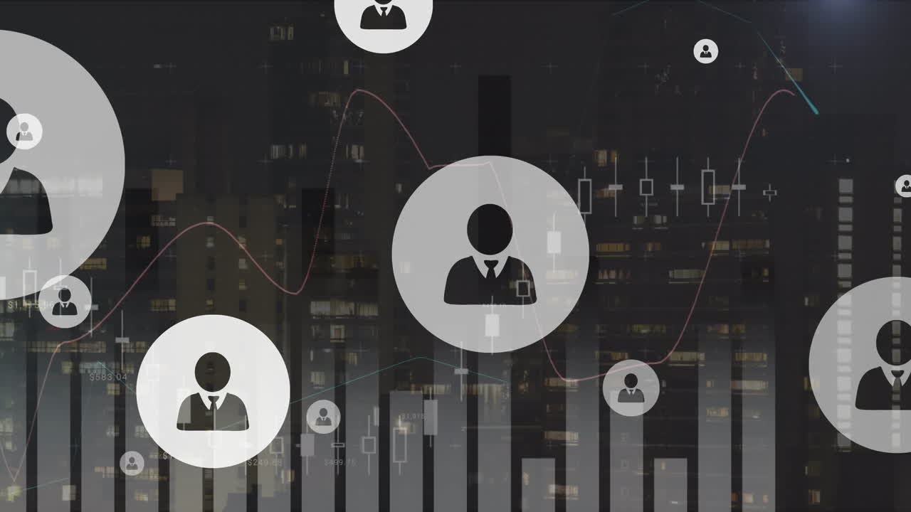 Animation of profile icons and multiple graphs over modern buildings against sky