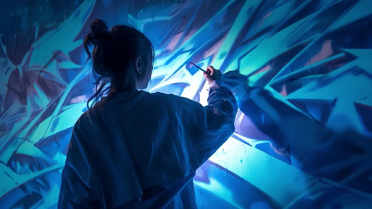 Young artist creating vibrant street art in urban alley during evening