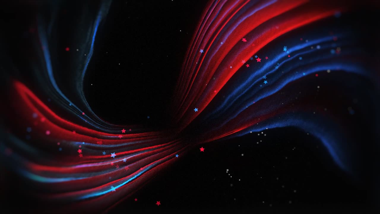 Abstract Flowing Red and Blue Lines with Twinkling Stars