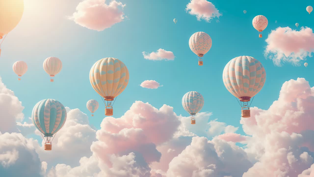Güneşin ısıttığı hava, yükselen pastel renkli sıcak hava balonları, pembe kümülüs bulutlarının üzerinde süzülürken sepetleri görülebiliyor