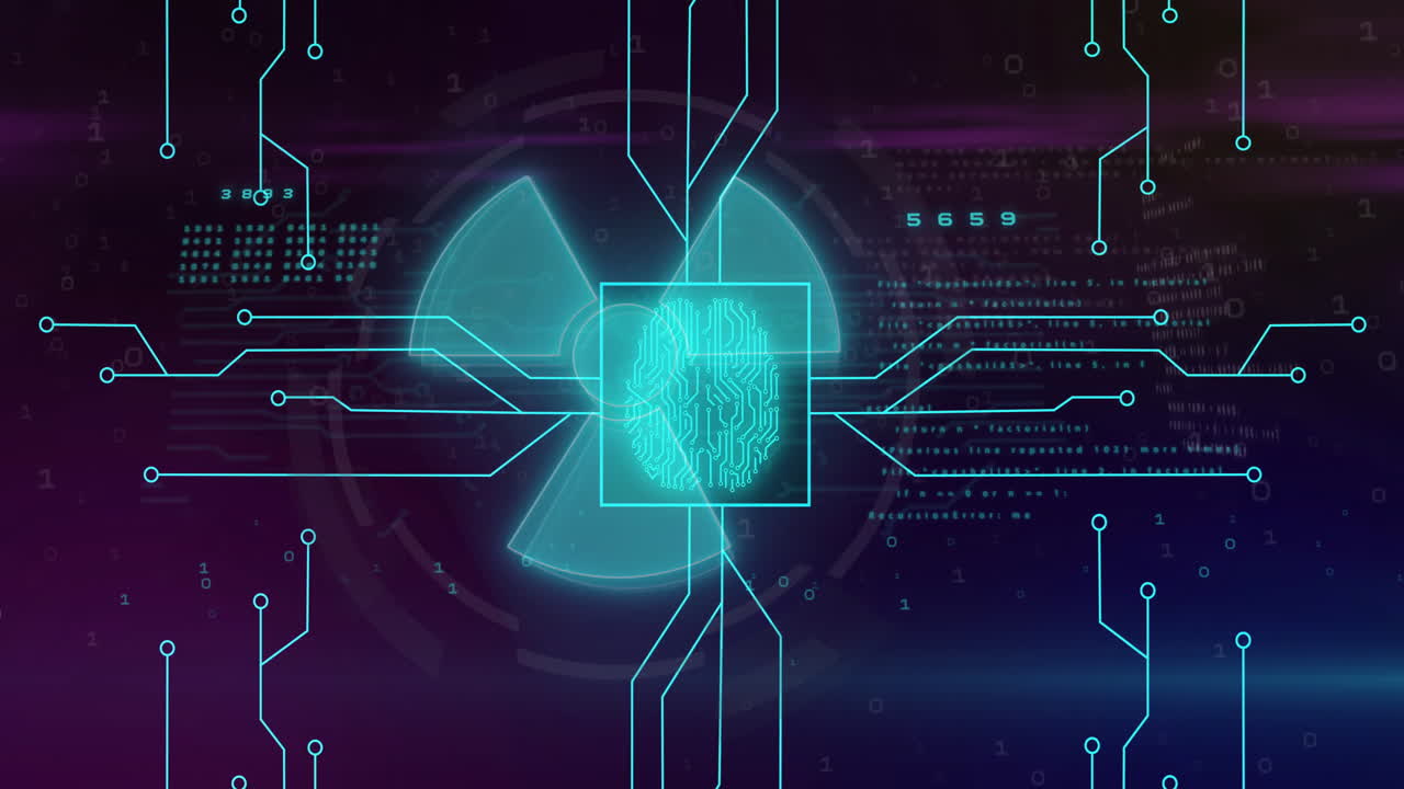 Animation of digital brain with circuits and binary code for futuristic technology