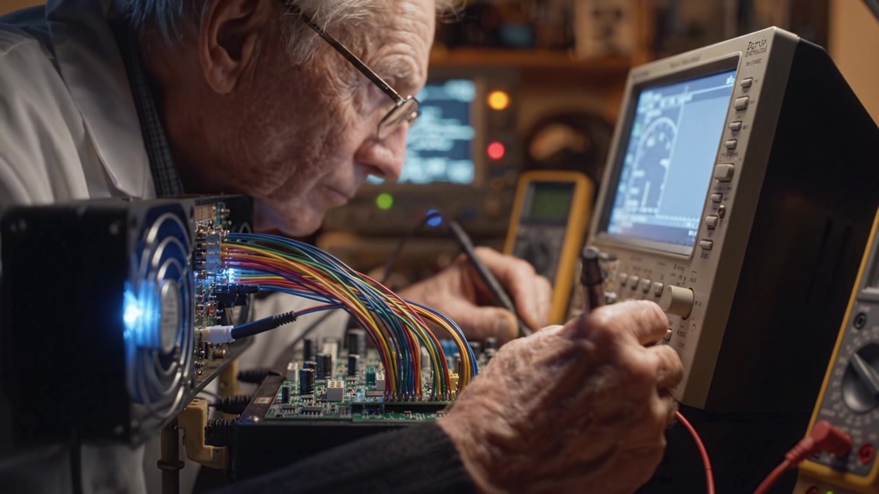 Expert Technologist Engaged in Precision Electronics Repair and Circuit Testing Using Advanced Equipment in a Well-Equipped Workshop Environment