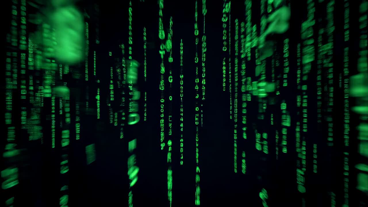 Coalescing vertical code streams forming glowing pixel word LOVE in cyber field, with diffuse glow