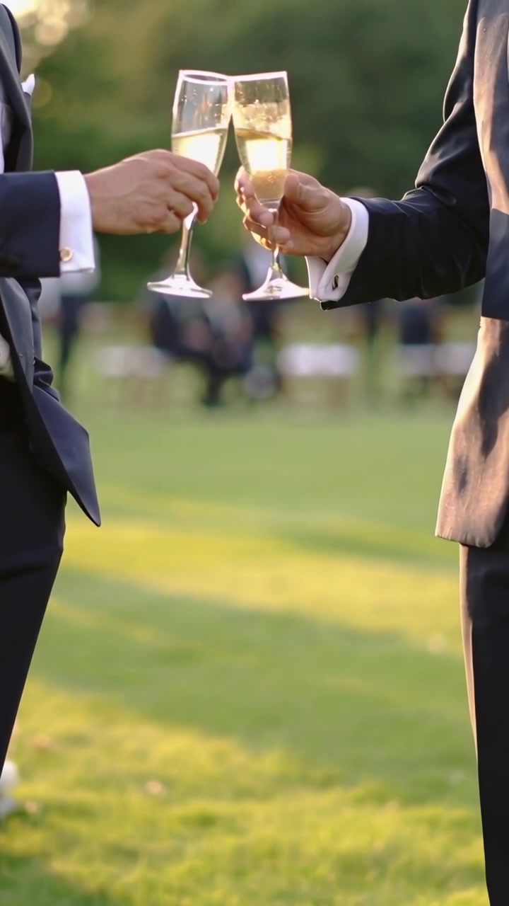 Vertical video: Responding to toast call, two men raising bubbly flutes on lawn, showing cufflinks
