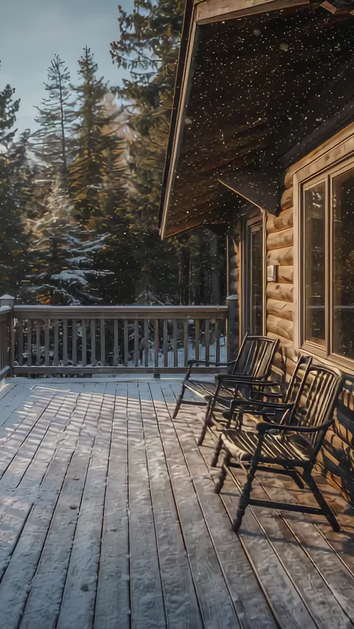 Vertical video: Shifting camera showing cabin wall and three iron rockers on snowy deck, copy space