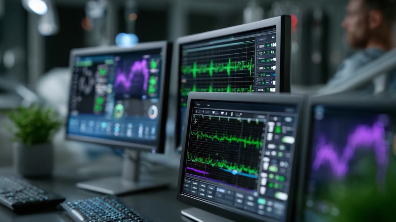 Un sistema di monitoraggio ad alta tecnologia: una panoramica di diagnostica sanitaria avanzata e sistemi di monitoraggio dei pazienti che mostrano dati e letture critici