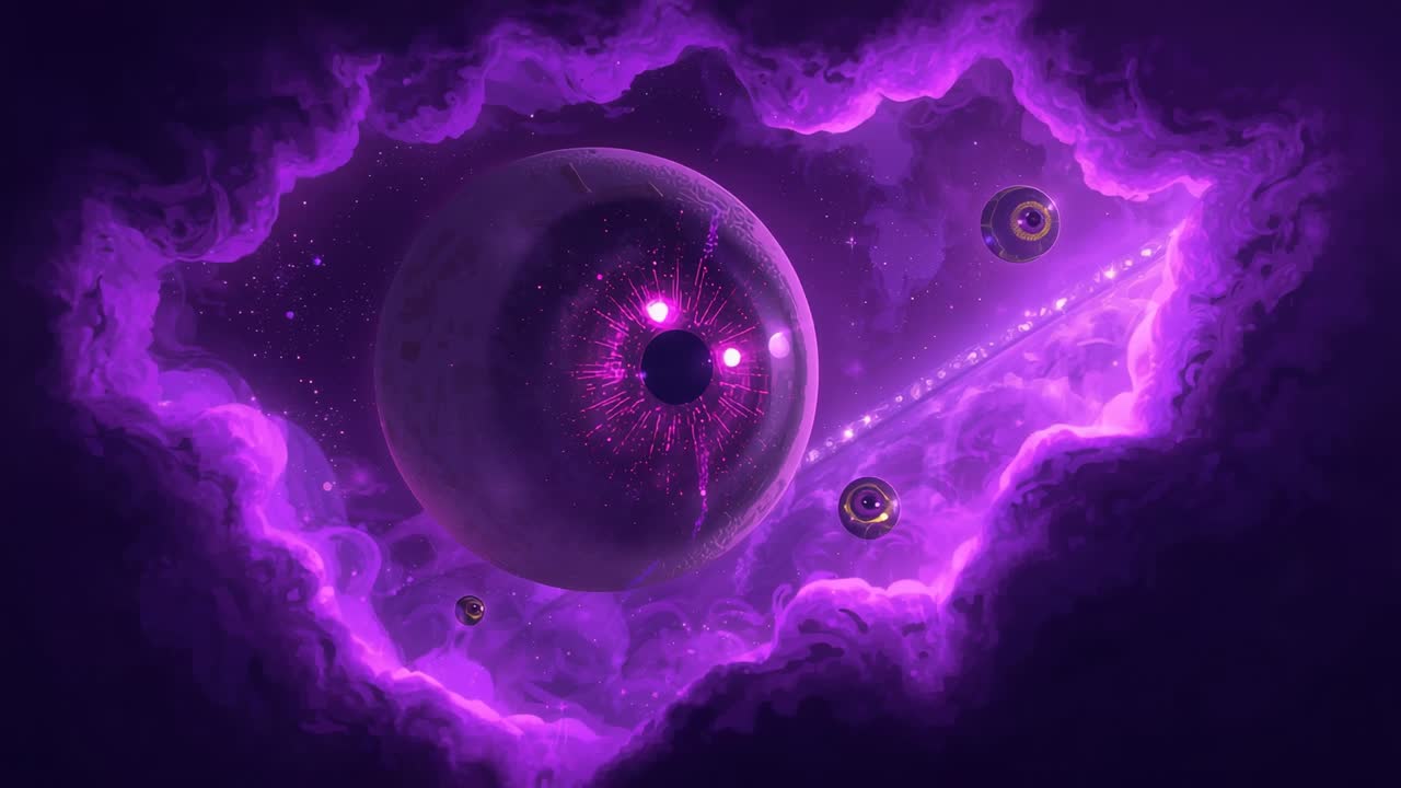 Emerging eye-like sphere initiating pulsing violet light in nebula void, with drifting smaller orbs