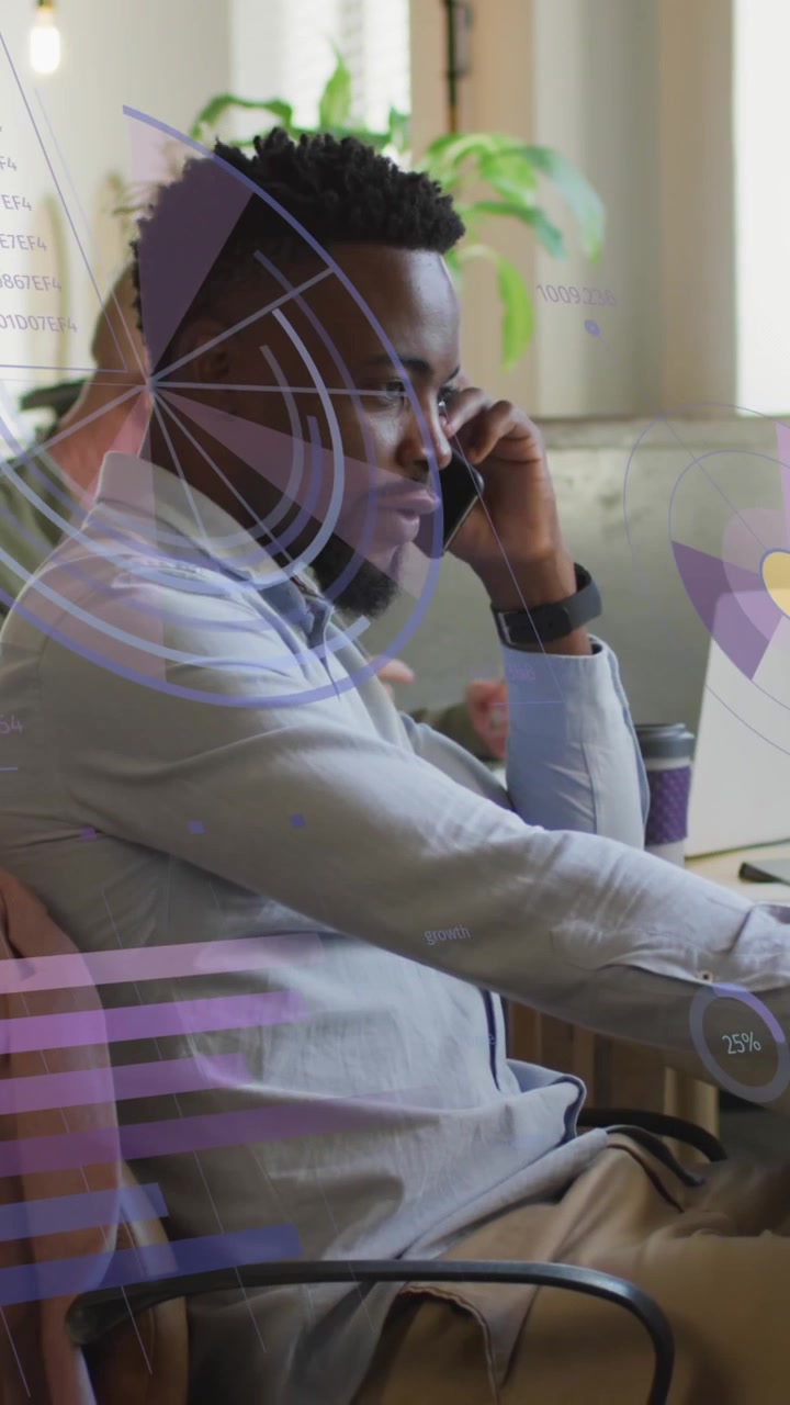 Animation of data processing over african american businessman in office