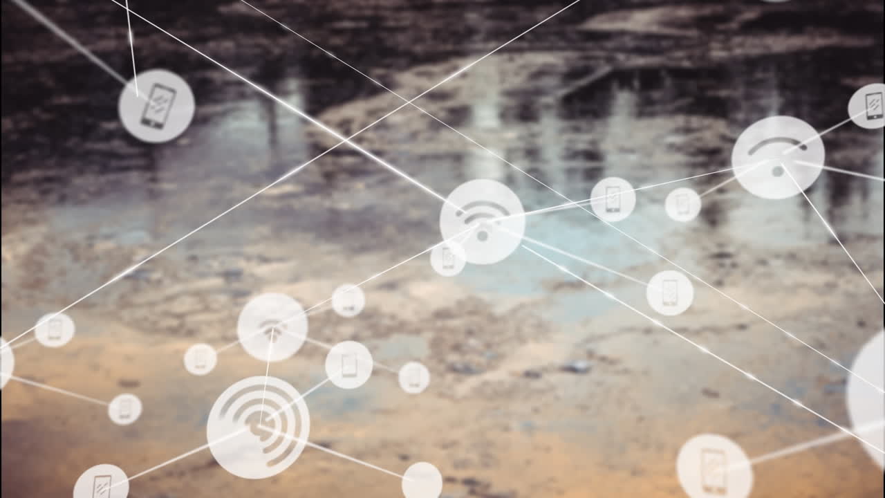 물에서 반사되는 아이콘을 가진 연결 네트워크의 애니메이션