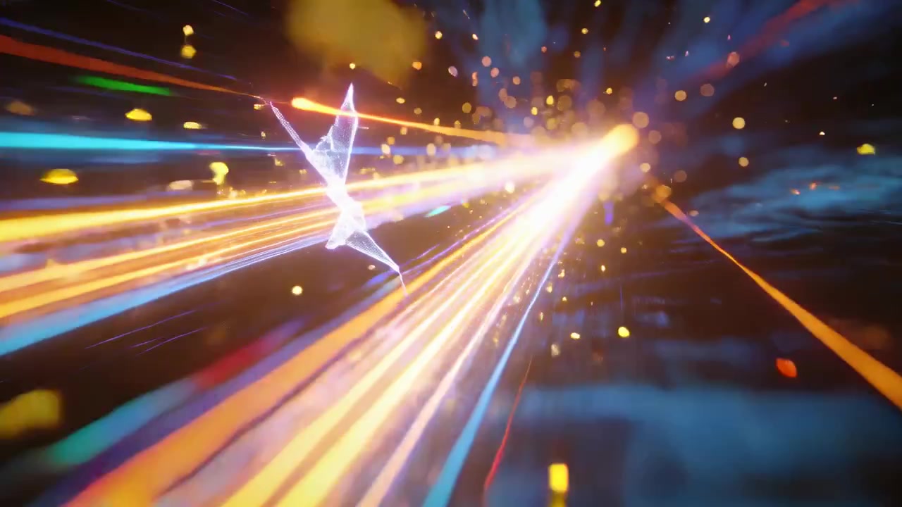 Telecamera in movimento spinta da scie ad alta velocità attraverso un tunnel al neon con una forma a wireframe e scintille.