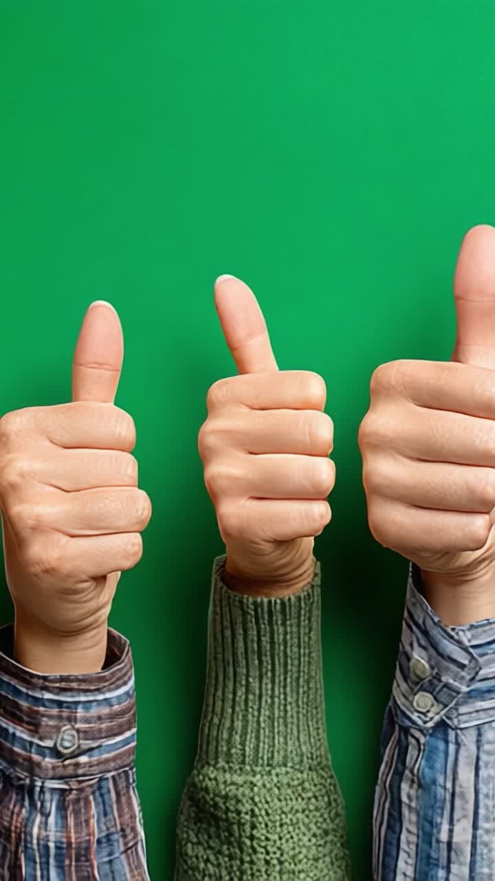Tres manos gesticulando con el pulgar hacia arriba sobre un fondo verde brillante, expresando positividad y conformidad en un ambiente alegre