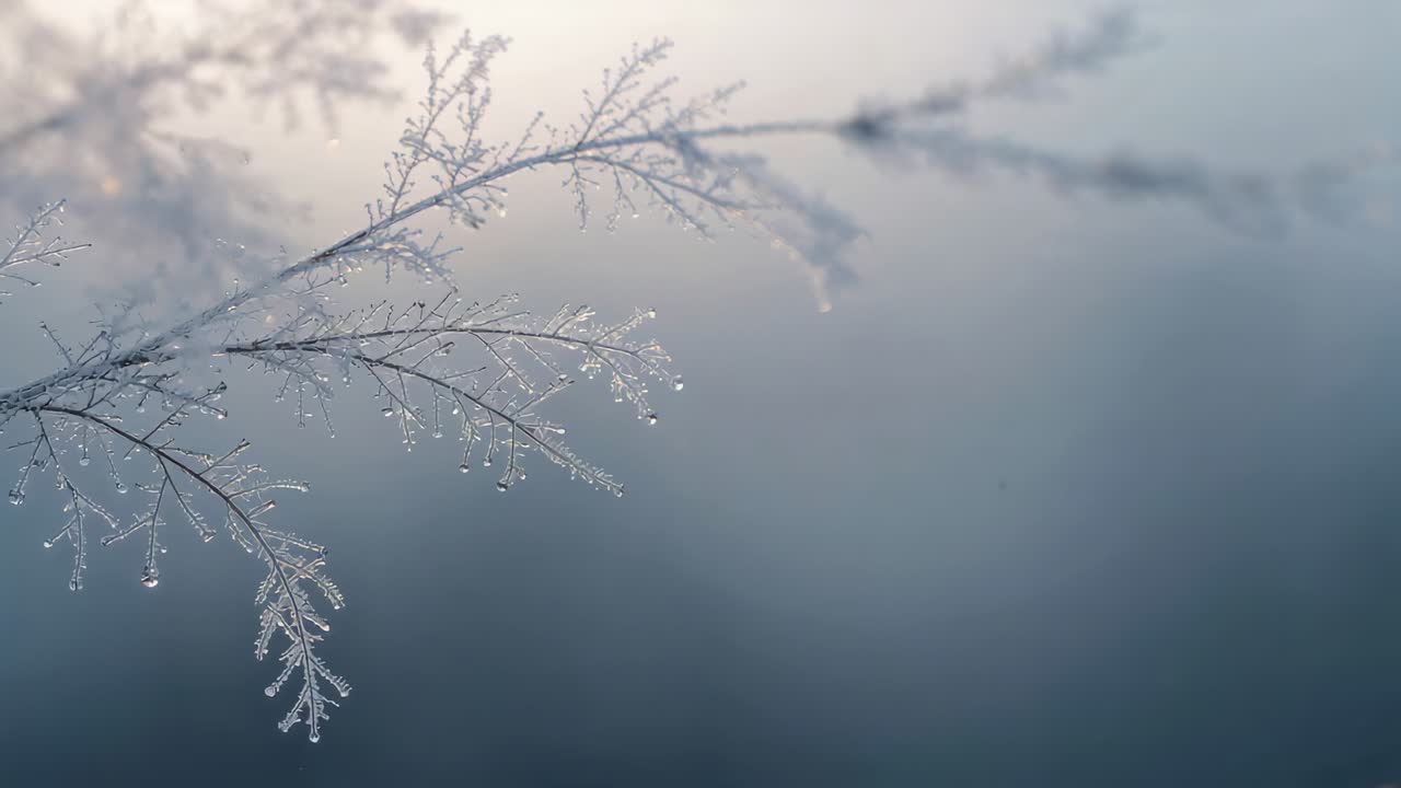 Glistening frost-covered twig catching light as focus shifts in cold outdoors, with droplets