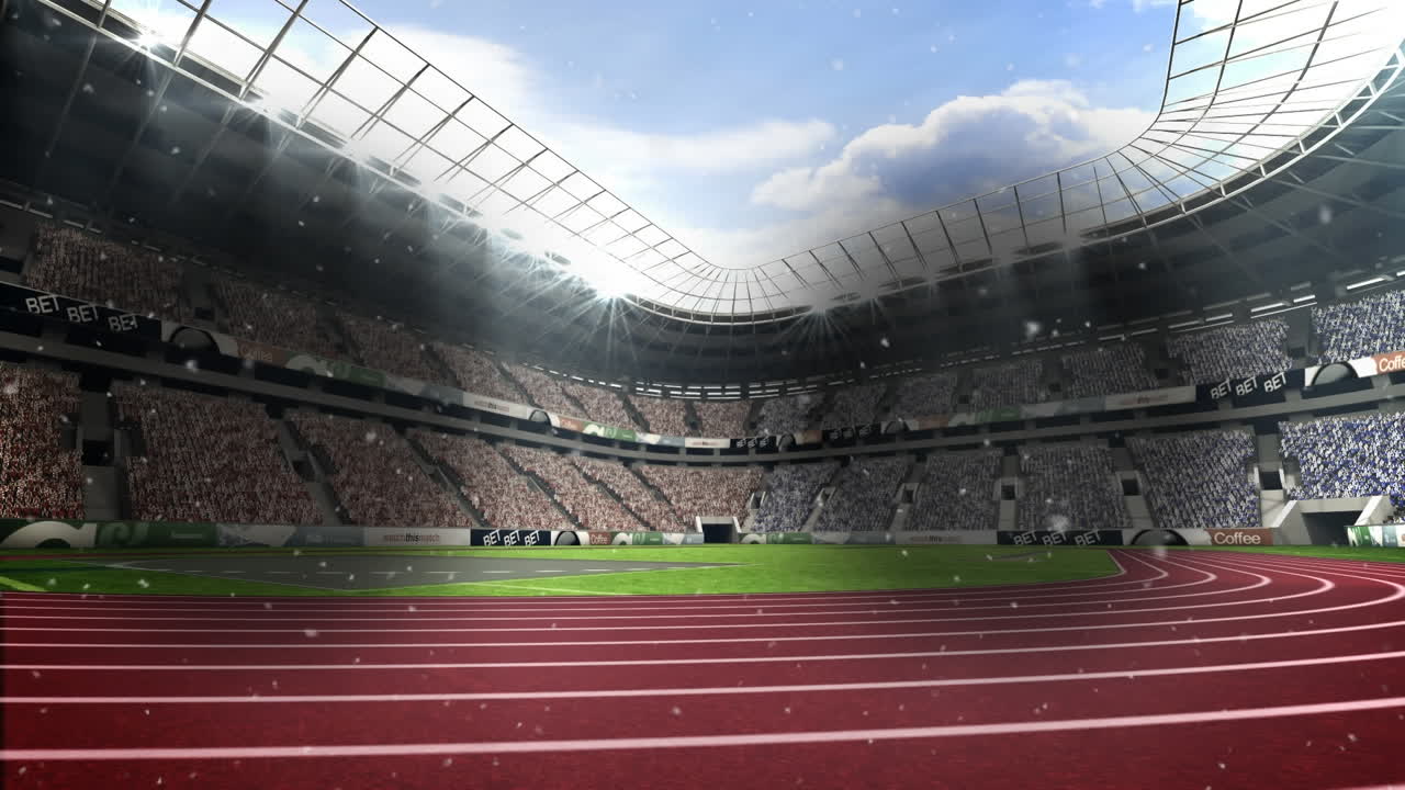 animación de nieve cayendo sobre un estadio deportivo vacío
