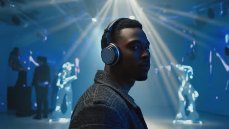 person with headphones in a blue-lit futuristic art exhibit
