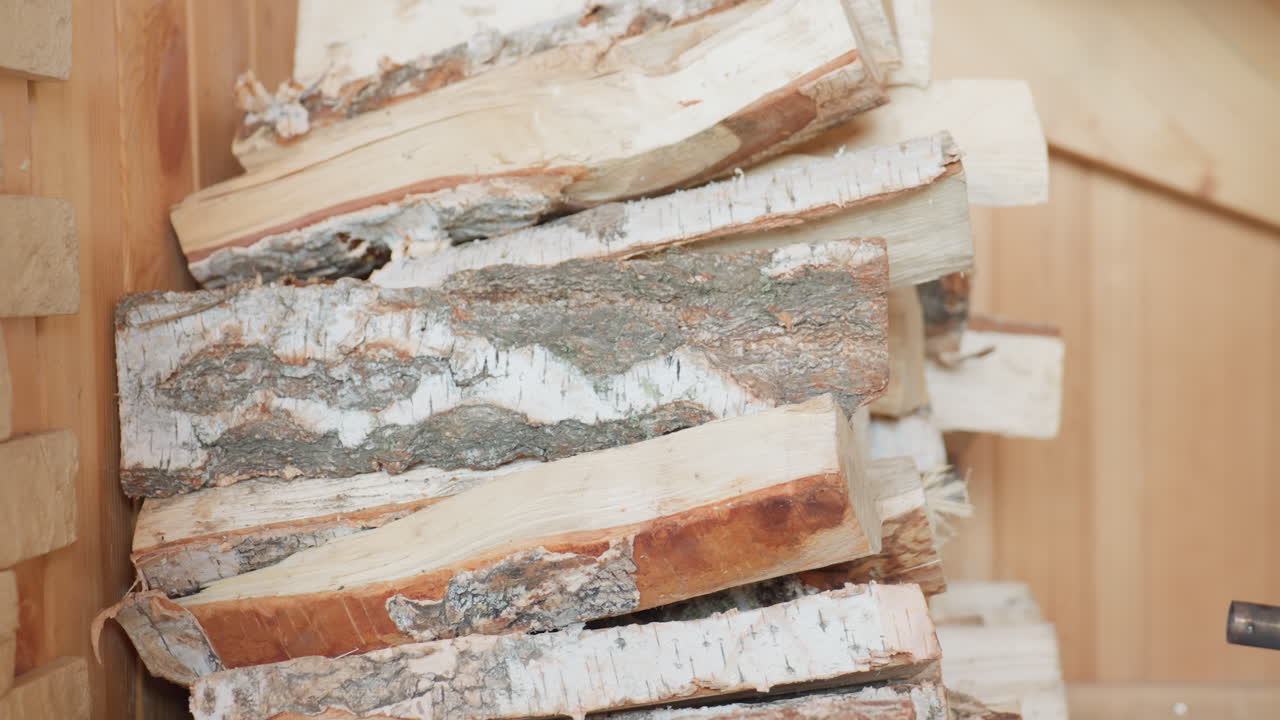 Close up of neatly arranged chopped firewood stacked beside fireplace glass, showing contrast of natural wooden texture and reflective surface