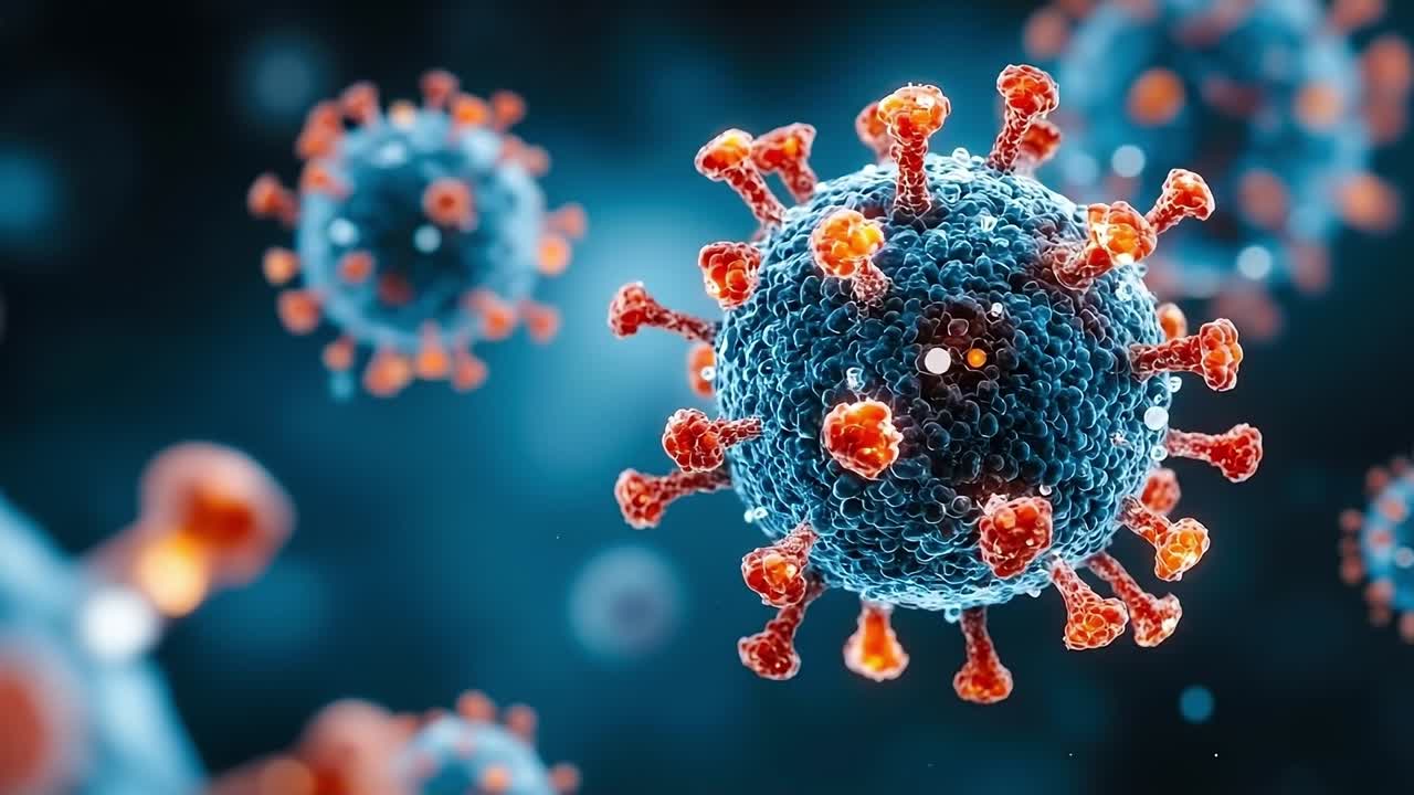 A group of coronavirus cells in a blue background