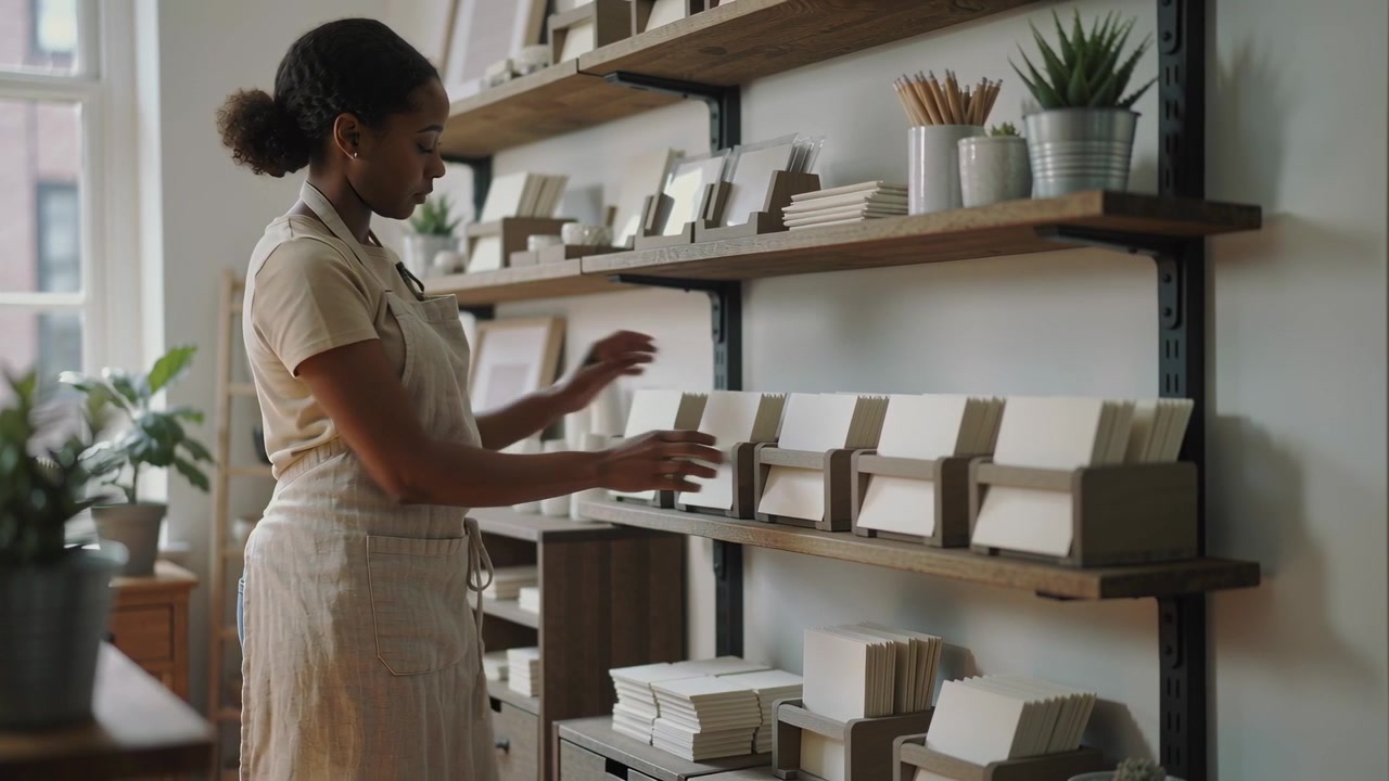 Arranging clerk wearing linen apron aligning card boxes on wood shelves organizing stock