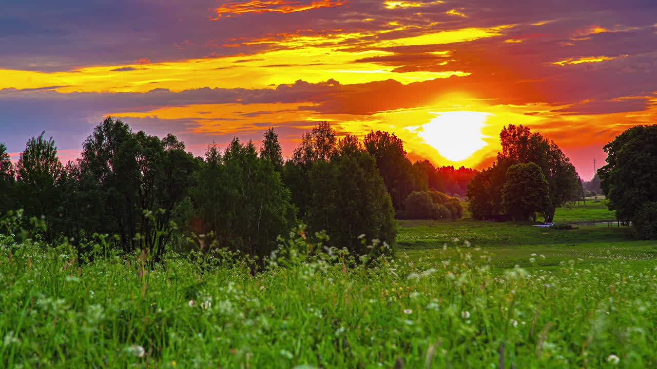나무와 야생 꽃의 풍경에서 낮은 태양을 가로질러 움직이는 구름의 시간 경과