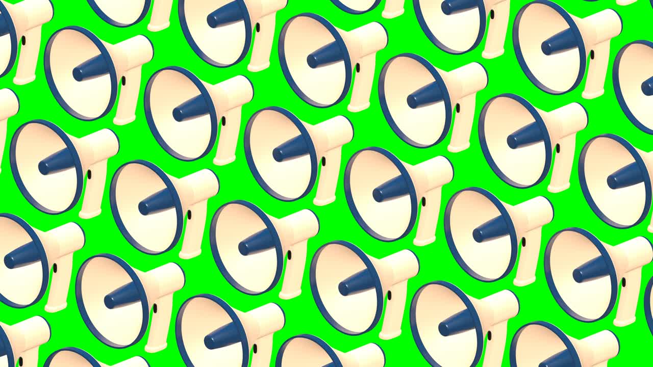 초록색 크로마 키에 많은 메가폰. 배경으로 3d 애니메이션을 루프 할 수 있습니다.