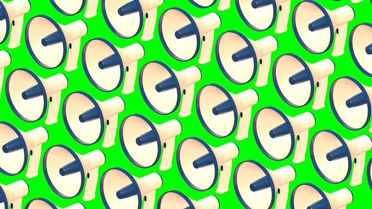 Many megaphones on green chroma key. Loop able 3d animation for background.