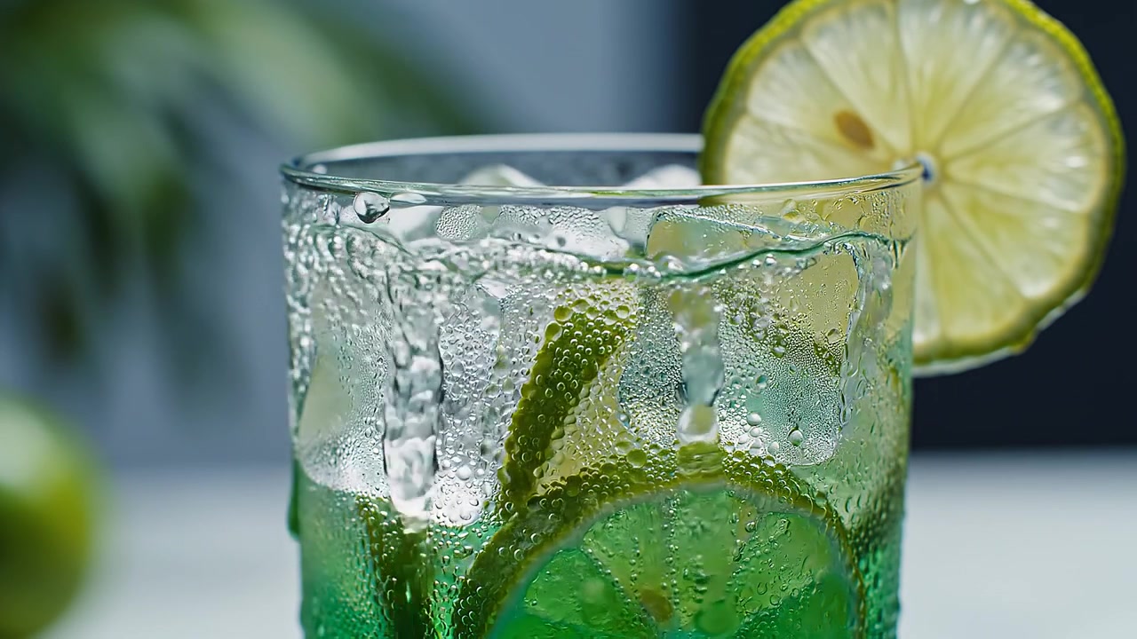 Bibita rinfrescante fredda al lime con cubetti di ghiaccio in un bicchiere