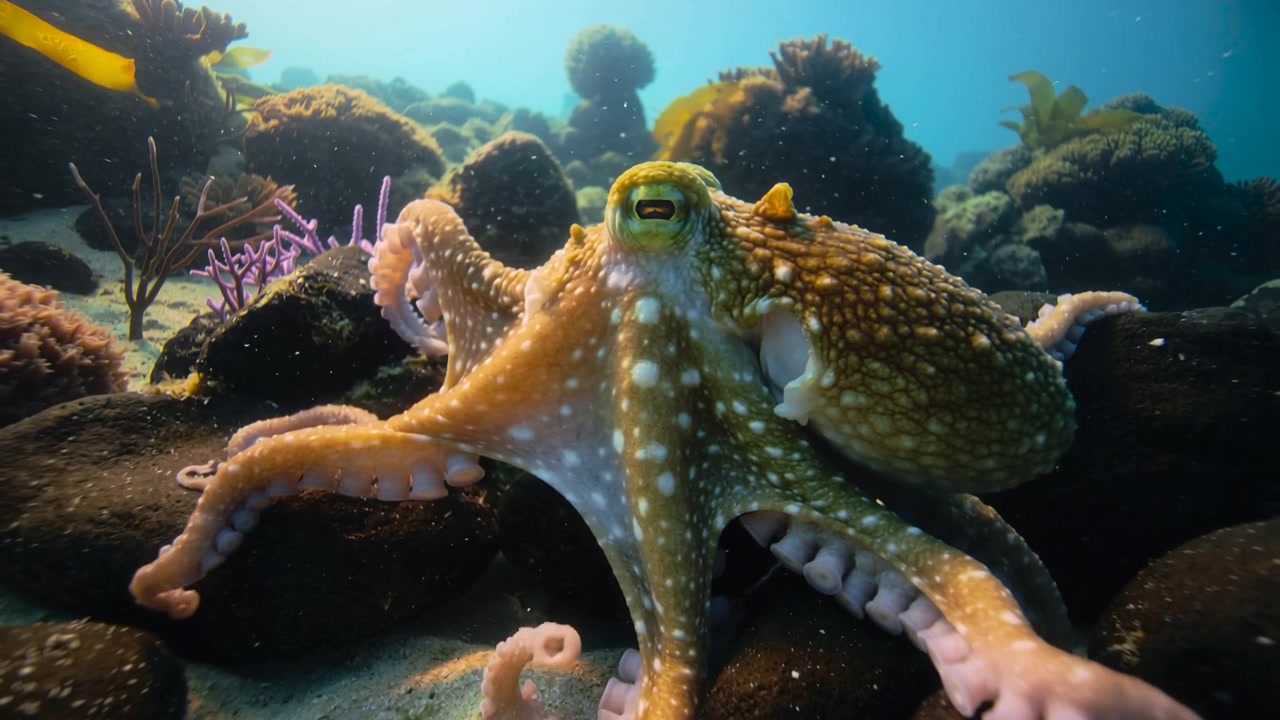 Polpo che tasta le rocce, estende i tentacoli sondando le fessure sulla barriera corallina e ispeziona un organismo giallo sul mantello.