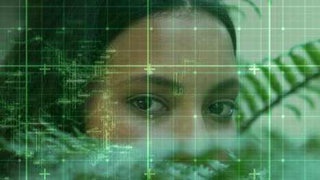 Data-processing-over-grid-network-against-close-up-of-female-eyes