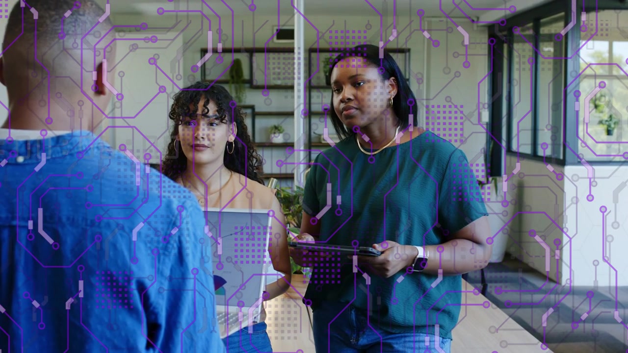 Man in blue gesturing, women checking tablet charts confirming IT metrics, purple overlay on charts