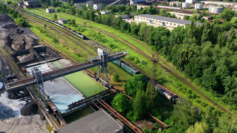 aerial view container freight train. freight train passing to distance at line railway