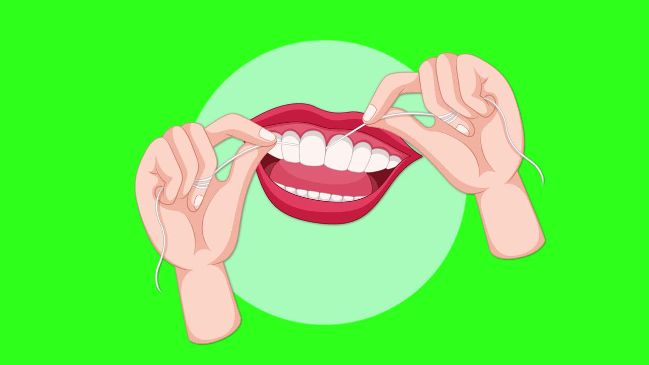Vector animation shows hands using dental floss between upper teeth, with smooth repetitive motion, isolated on a vibrant green background for educational use
