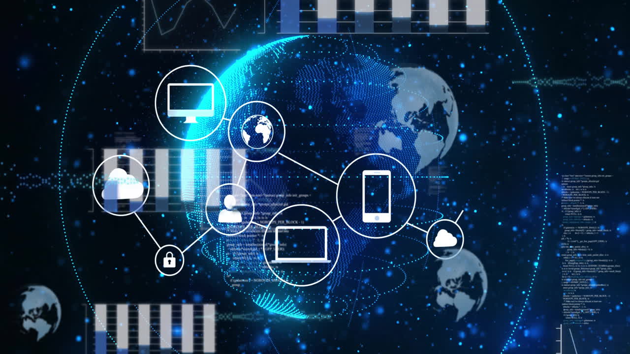 Digital network connections with data processing and technology icons around globe