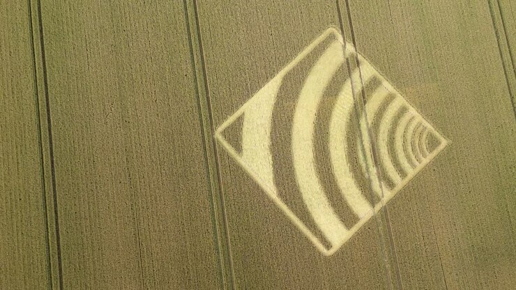 Vista aerea dall'alto di uno strano crop square a forma d'onda su un campo di grano dorato a Micheldever, Hampshire, 2023.