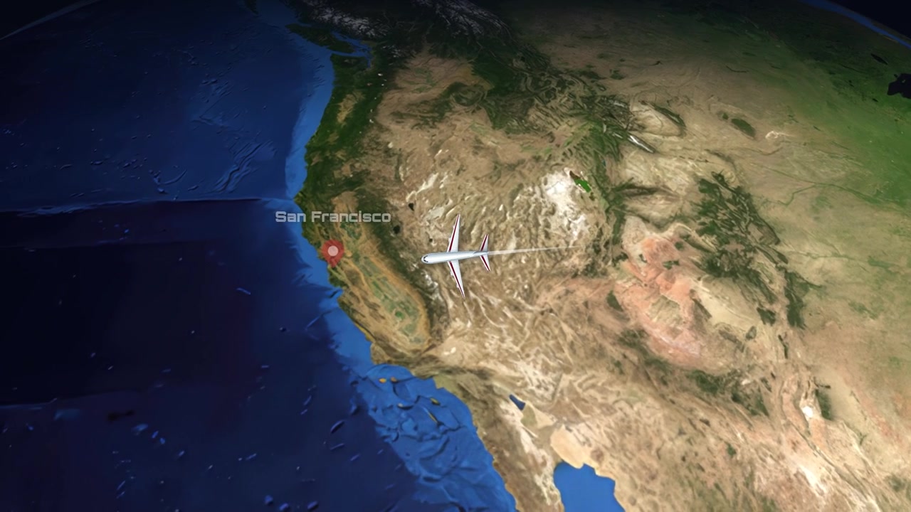 Satellite animation tracks a commercial airplane flying across North America from Charlotte to San Francisco