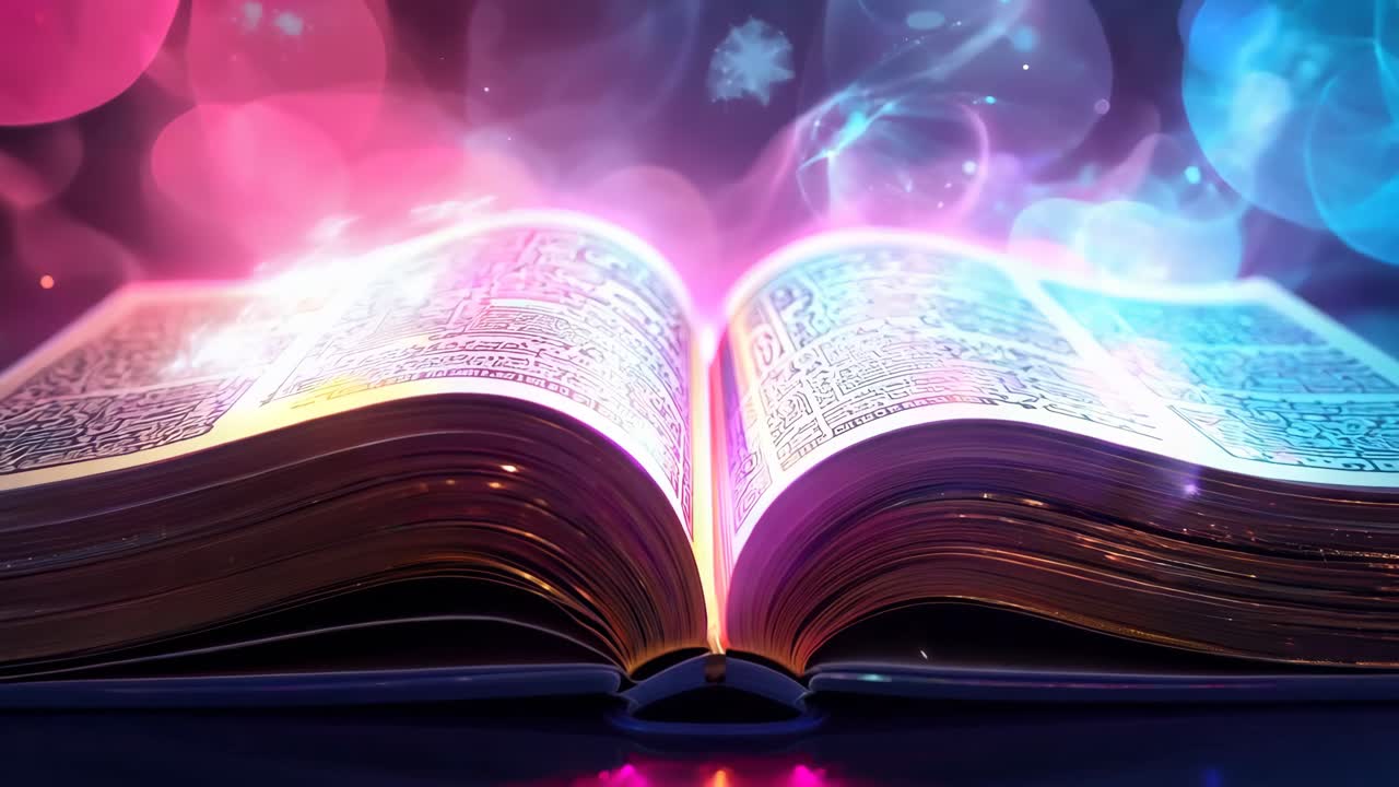 A book is open to a page with a glowing blue light. The book is on a table with a blue background