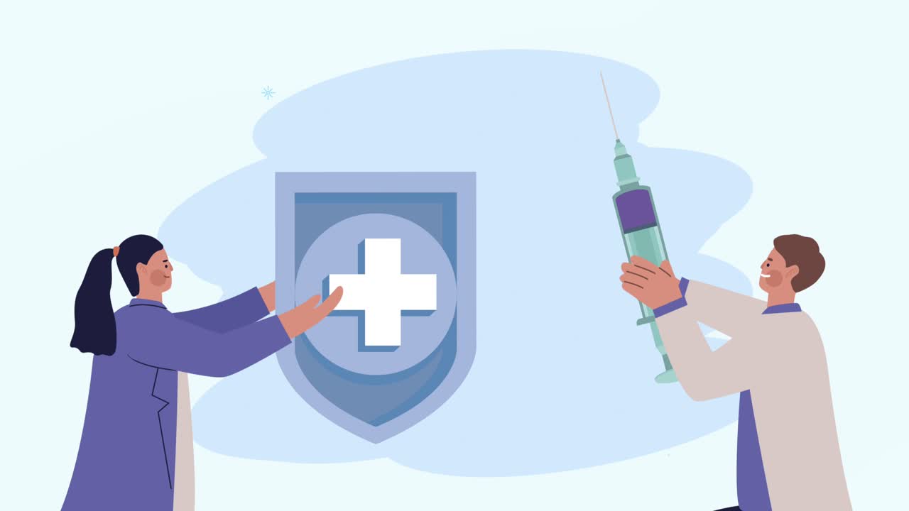 scientists with medical shield and syringe