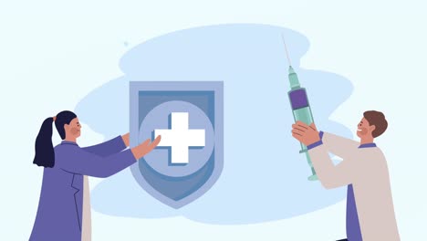 scientists with medical shield and syringe