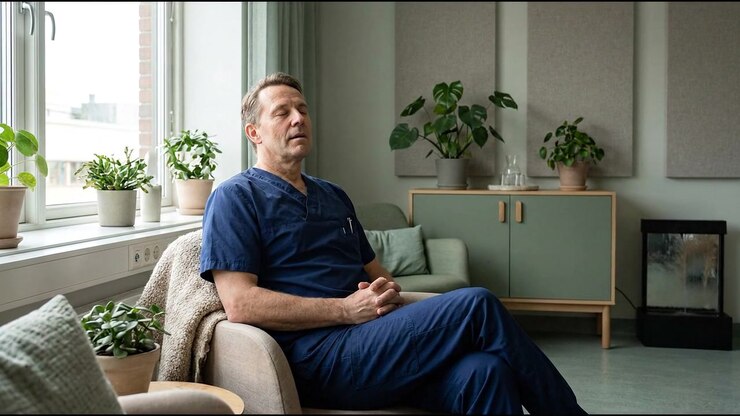 Operatore sanitario stanco che riposa in una stanza tranquilla