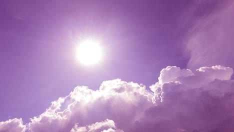 bright sun light ray n sunbeam on sunny purple violet sky n fluffy white clouds