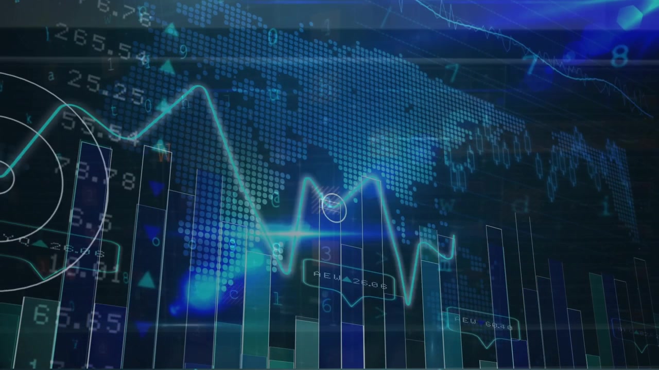 Animação de processamento de dados financeiros sobre o mapa-múndi